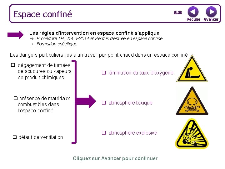 Espace confiné Aide Reculer Avancer Les règles d’intervention en espace confiné s’applique Procédure TH_214_ES