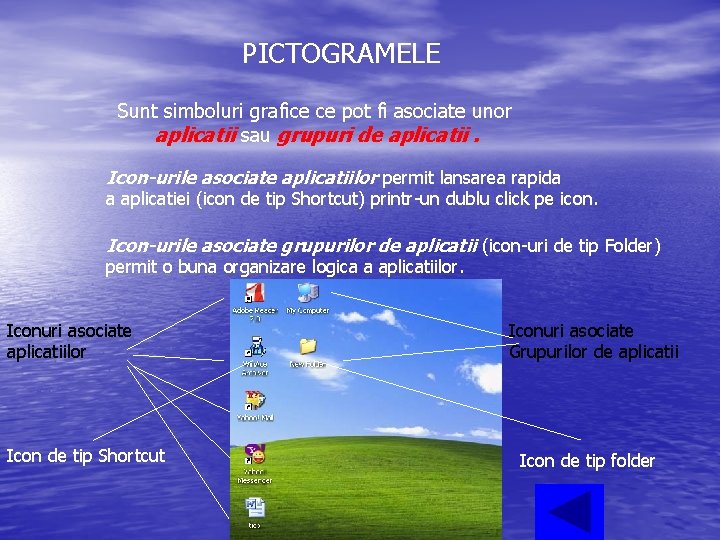 PICTOGRAMELE Sunt simboluri grafice ce pot fi asociate unor aplicatii sau grupuri de aplicatii.
