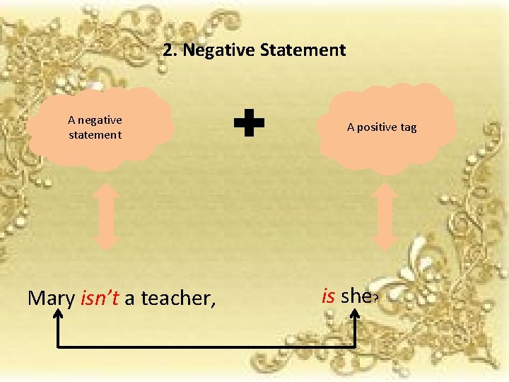 2. Negative Statement A negative statement Mary isn’t a teacher, A positive tag is