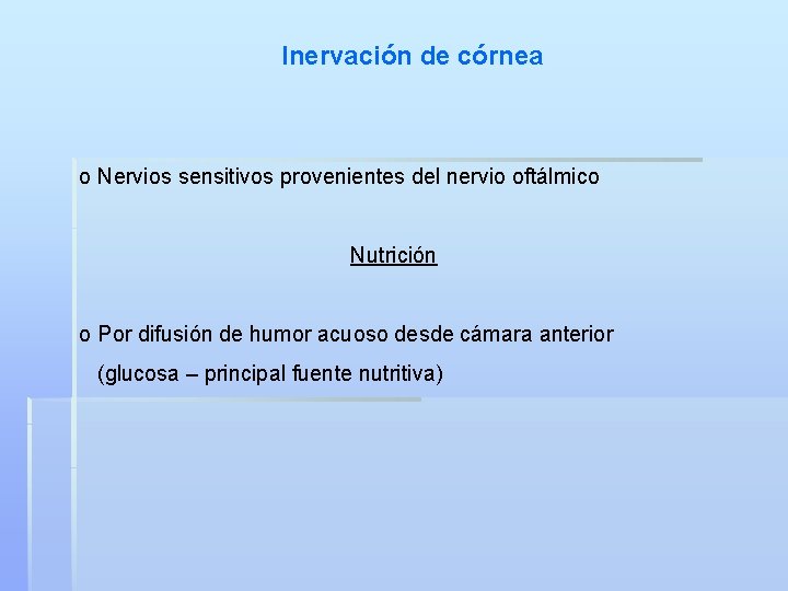 Inervación de córnea o Nervios sensitivos provenientes del nervio oftálmico Nutrición o Por difusión