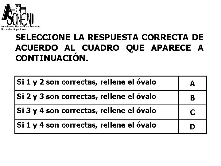 Asociación Nacional de Escuelas Normales Superiores SELECCIONE LA RESPUESTA CORRECTA DE ACUERDO AL CUADRO