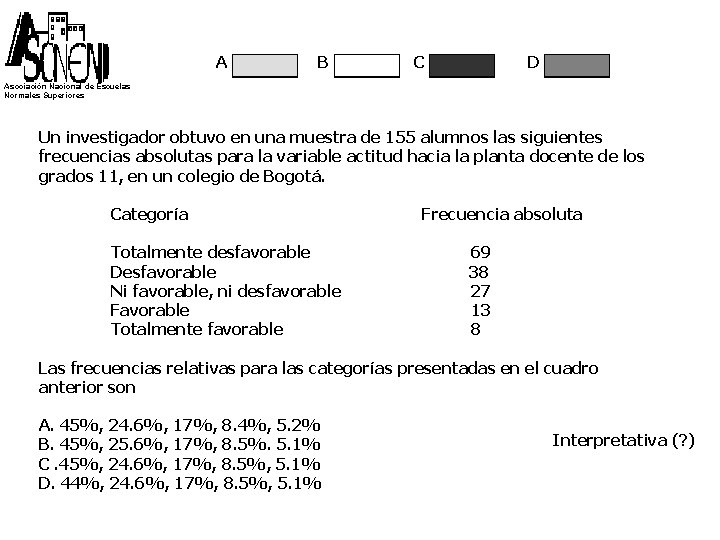 A B C D Asociación Nacional de Escuelas Normales Superiores Un investigador obtuvo en