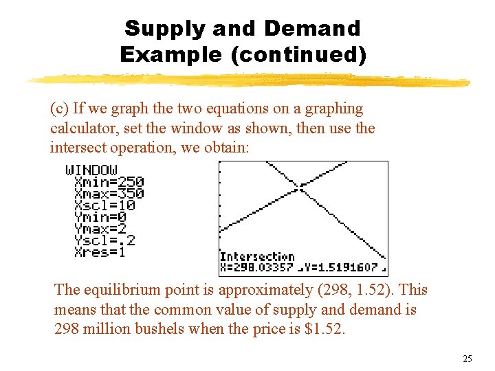 Supply and Demand Example (continued) (c) If we graph the two equations on a