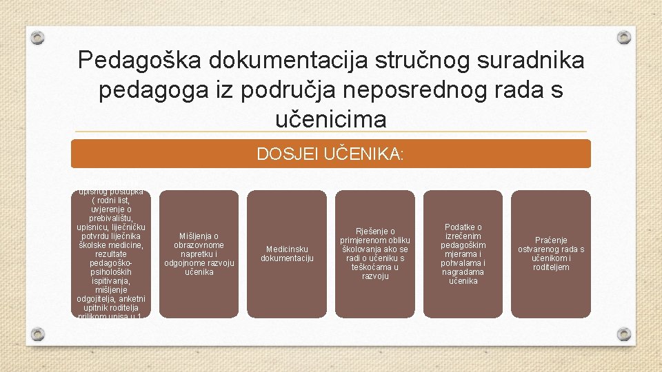 Pedagoška dokumentacija stručnog suradnika pedagoga iz područja neposrednog rada s učenicima DOSJEI UČENIKA: Dokumentacija