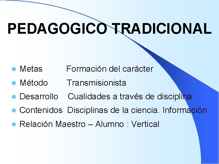 PEDAGOGICO TRADICIONAL l Metas Formación del carácter l Método Transmisionista l Desarrollo Cualidades a