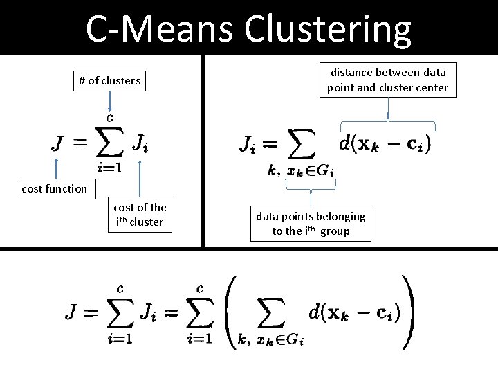 C-Means Clustering # of clusters distance between data point and cluster center cost function