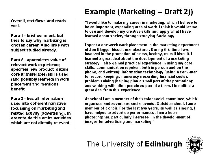 Example (Marketing – Draft 2)) Overall, text flows and reads well. Para 1 -