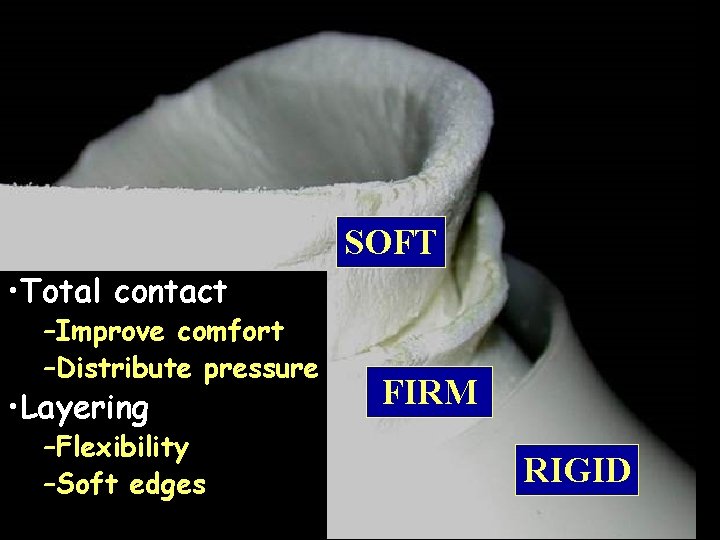 SOFT • Total contact –Improve comfort –Distribute pressure • Layering –Flexibility –Soft edges FIRM