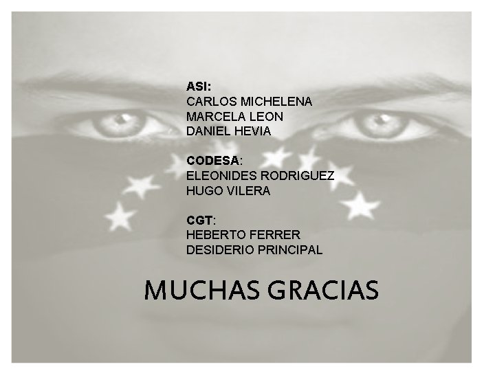 ASI: CARLOS MICHELENA MARCELA LEON DANIEL HEVIA CODESA: ELEONIDES RODRIGUEZ HUGO VILERA CGT: HEBERTO ASI: CARLOS MICHELENA MARCELA LEON DANIEL HEVIA CODESA: ELEONIDES RODRIGUEZ HUGO VILERA CGT: HEBERTO
