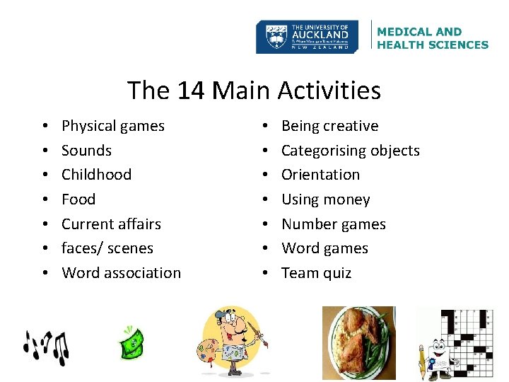 The 14 Main Activities • • Physical games Sounds Childhood Food Current affairs faces/