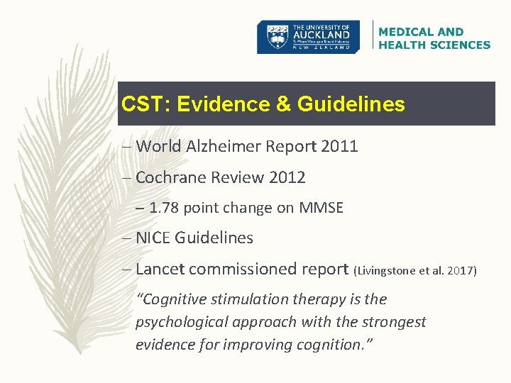 CST: Evidence & Guidelines – World Alzheimer Report 2011 – Cochrane Review 2012 –