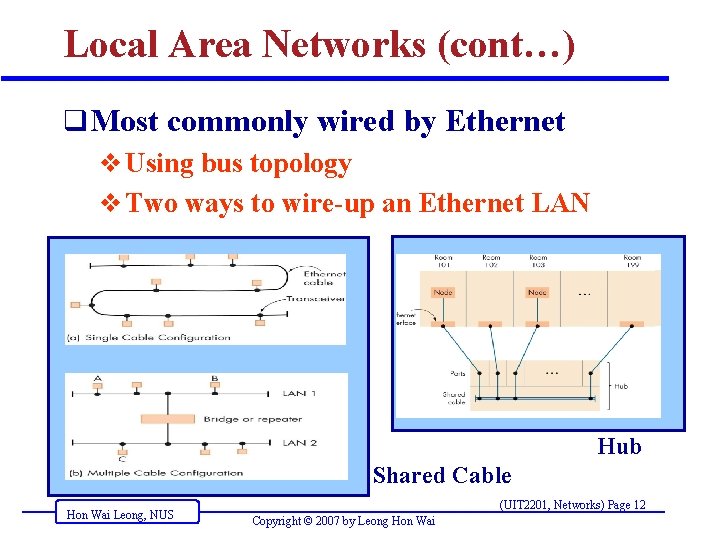 Local Area Networks (cont…) q Most commonly wired by Ethernet v Using bus topology