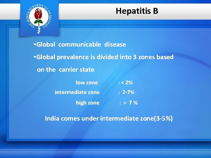 Hepatitis B • Global communicable disease • Global prevalence is divided into 3 zones
