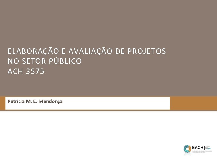 ELABORAÇÃO E AVALIAÇÃO DE PROJETOS NO SETOR PÚBLICO ACH 3575 Patricia M. E. Mendonça