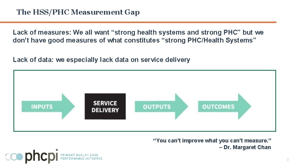 The HSS/PHC Measurement Gap Lack of measures: We all want “strong health systems and