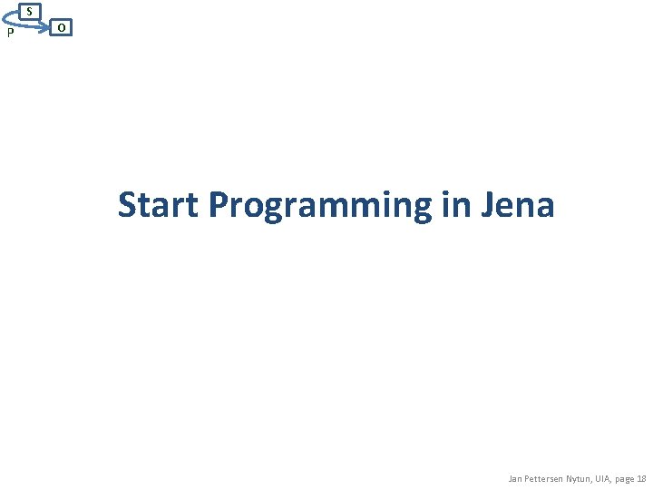 S P O Start Programming in Jena Jan Pettersen Nytun, UIA, page 18 S P O Start Programming in Jena Jan Pettersen Nytun, UIA, page 18