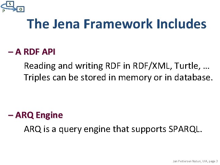 S P O The Jena Framework Includes – A RDF API Reading and writing S P O The Jena Framework Includes – A RDF API Reading and writing