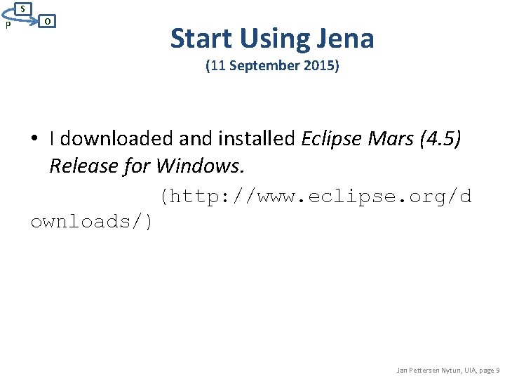 S P O Start Using Jena (11 September 2015) • I downloaded and installed S P O Start Using Jena (11 September 2015) • I downloaded and installed