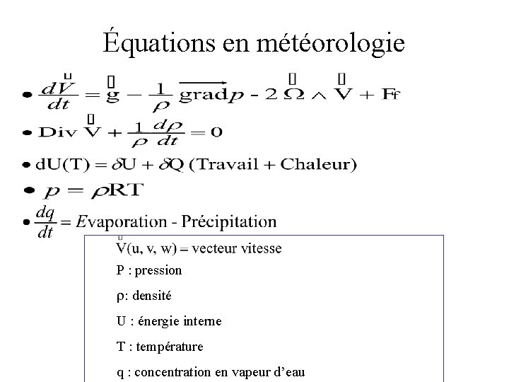 Équations en météorologie P : pression r: densité U : énergie interne T :