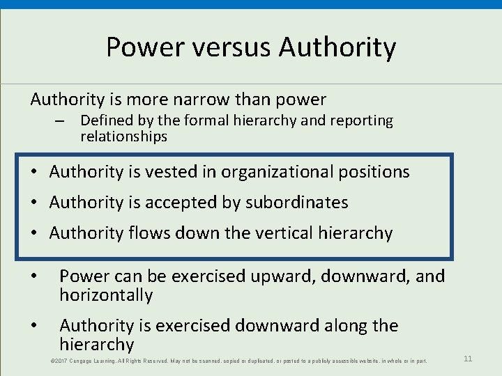 Power versus Authority is more narrow than power – Defined by the formal hierarchy