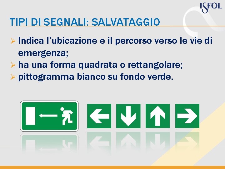 TIPI DI SEGNALI: SALVATAGGIO Ø Indica l’ubicazione e il percorso verso le vie di TIPI DI SEGNALI: SALVATAGGIO Ø Indica l’ubicazione e il percorso verso le vie di