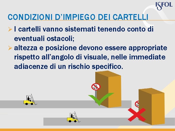 CONDIZIONI D’IMPIEGO DEI CARTELLI ØI cartelli vanno sistemati tenendo conto di eventuali ostacoli; Ø CONDIZIONI D’IMPIEGO DEI CARTELLI ØI cartelli vanno sistemati tenendo conto di eventuali ostacoli; Ø