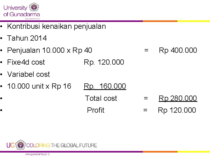  • Kontribusi kenaikan penjualan • Tahun 2014 • Penjualan 10. 000 x Rp