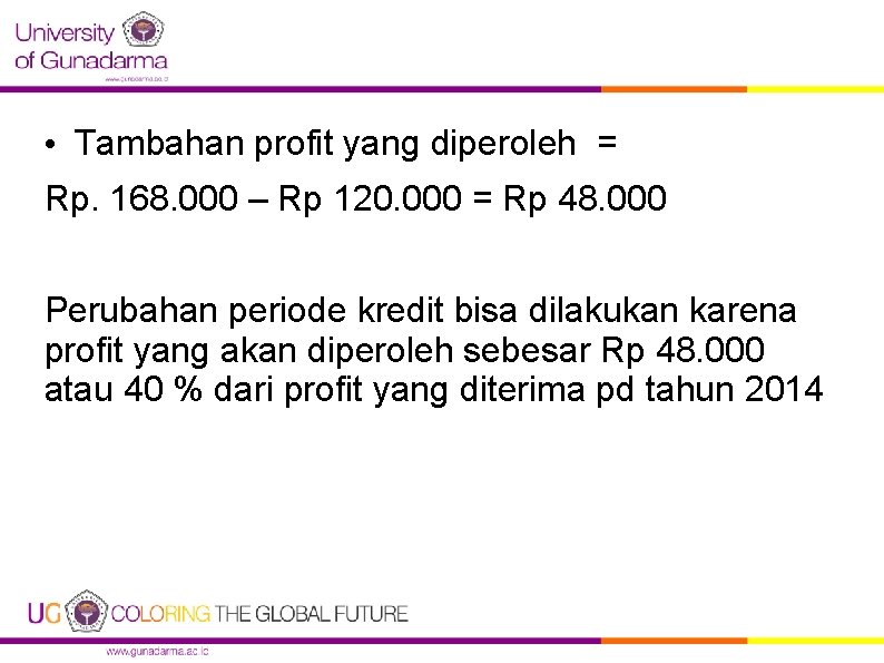  • Tambahan profit yang diperoleh = Rp. 168. 000 – Rp 120. 000