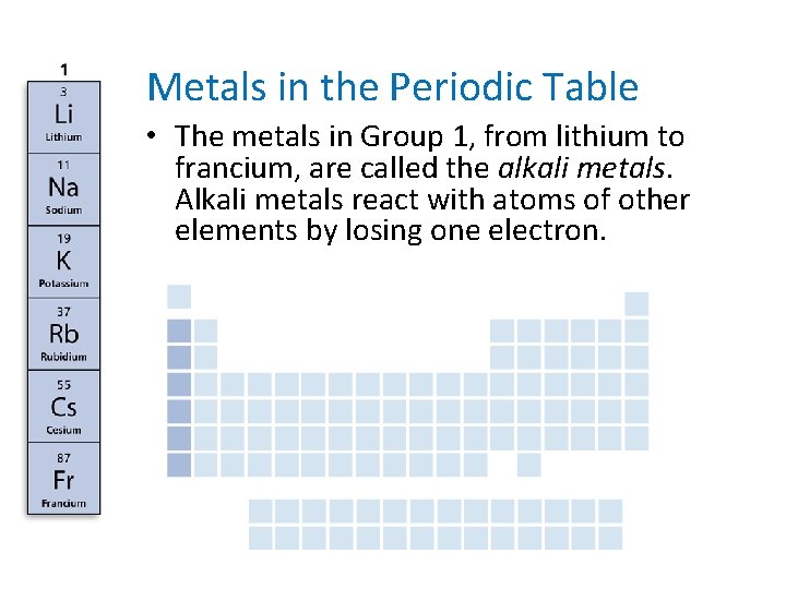 - Metals in the Periodic Table • The metals in Group 1, from lithium