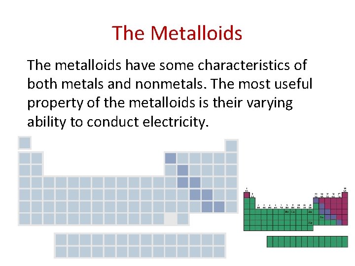 The Metalloids The metalloids have some characteristics of both metals and nonmetals. The most