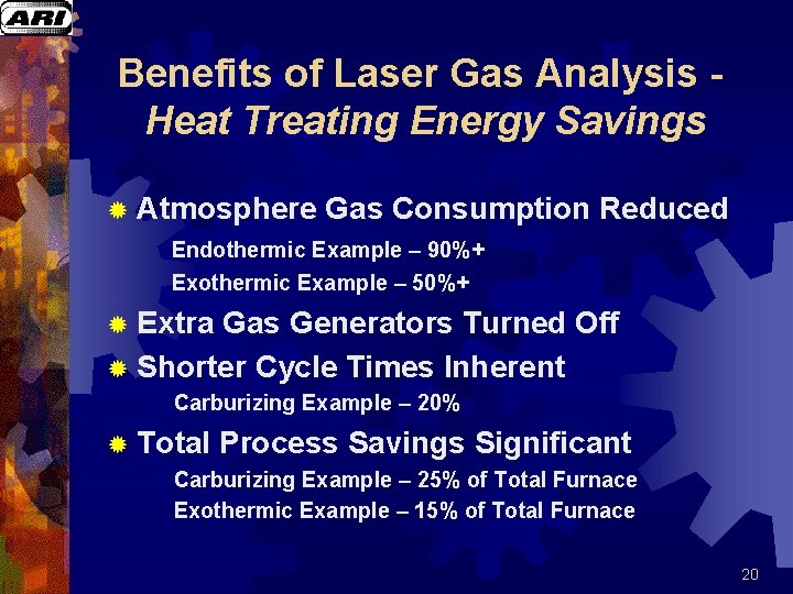 Benefits of Laser Gas Analysis Heat Treating Energy Savings ® Atmosphere Gas Consumption Reduced Benefits of Laser Gas Analysis Heat Treating Energy Savings ® Atmosphere Gas Consumption Reduced