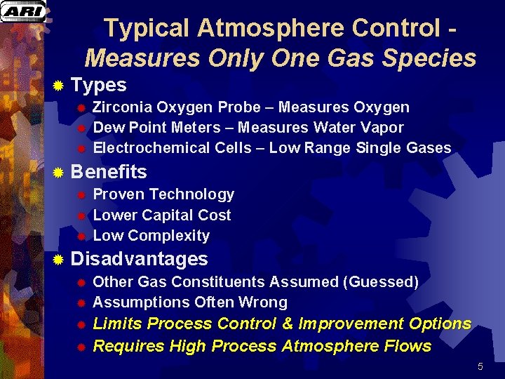 Typical Atmosphere Control - Measures Only One Gas Species ® Types ® Zirconia Oxygen Typical Atmosphere Control - Measures Only One Gas Species ® Types ® Zirconia Oxygen