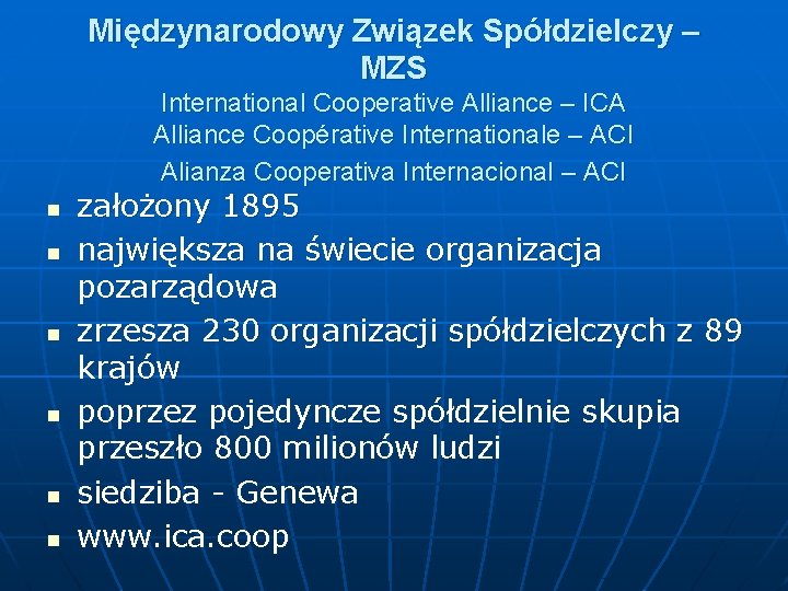 Międzynarodowy Związek Spółdzielczy – MZS International Cooperative Alliance – ICA Alliance Coopérative Internationale – Międzynarodowy Związek Spółdzielczy – MZS International Cooperative Alliance – ICA Alliance Coopérative Internationale –