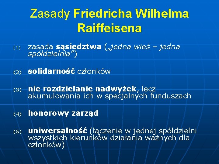 Zasady Friedricha Wilhelma Raiffeisena (1) (2) (3) (4) (5) zasada sąsiedztwa („jedna wieś – Zasady Friedricha Wilhelma Raiffeisena (1) (2) (3) (4) (5) zasada sąsiedztwa („jedna wieś –