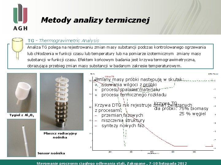Metody analizy termicznej TG - Thermogravimetric Analysis Analiza TG polega na rejestrowaniu zmian masy