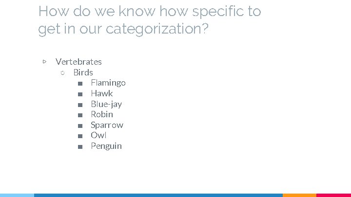 How do we know how specific to get in our categorization? ▷ Vertebrates ○