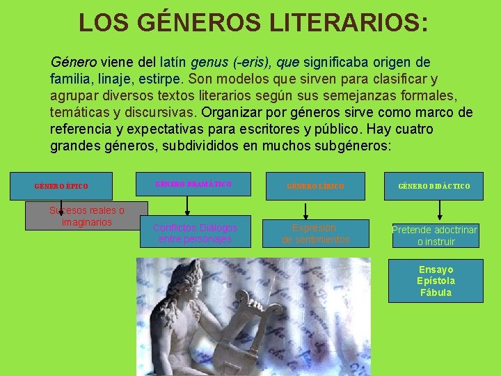 LOS GÉNEROS LITERARIOS: Género viene del latín genus (-eris), que significaba origen de LOS GÉNEROS LITERARIOS: Género viene del latín genus (-eris), que significaba origen de