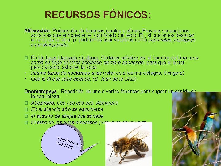 RECURSOS FÓNICOS: Aliteración: Reiteración de fonemas iguales o afines. Provoca sensaciones acústicas que enriquecen RECURSOS FÓNICOS: Aliteración: Reiteración de fonemas iguales o afines. Provoca sensaciones acústicas que enriquecen