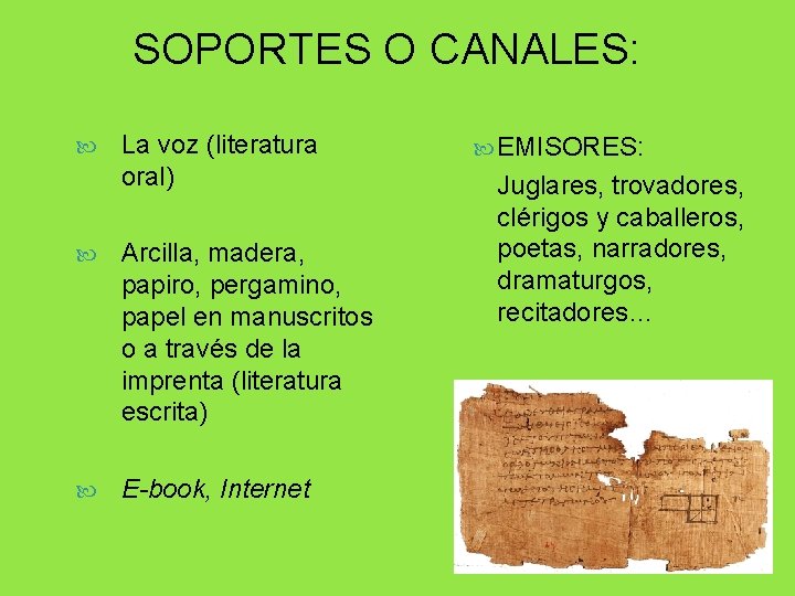 SOPORTES O CANALES: La voz (literatura oral) Arcilla, madera, papiro, pergamino, papel en manuscritos