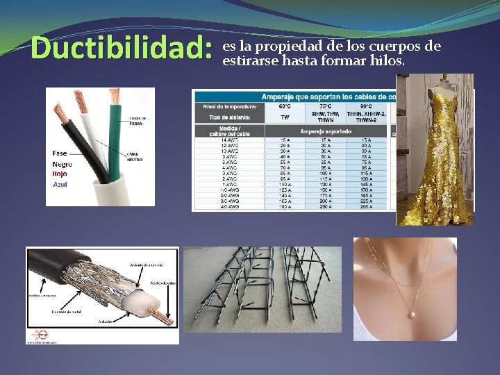 Ductibilidad: es la propiedad de los cuerpos de estirarse hasta formar hilos. Ductibilidad: es la propiedad de los cuerpos de estirarse hasta formar hilos.