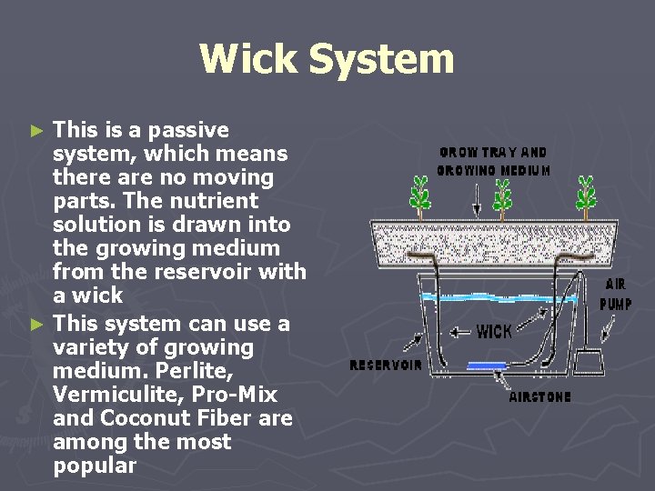 Wick System This is a passive system, which means there are no moving parts.