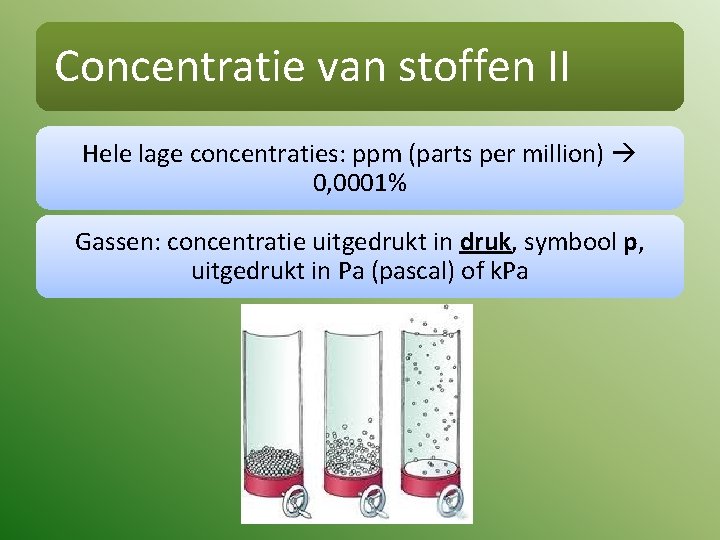 Concentratie van stoffen II Hele lage concentraties: ppm (parts per million) 0, 0001% Gassen: