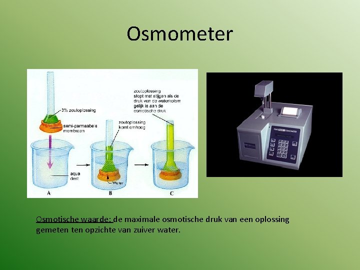 Osmometer Osmotische waarde: de maximale osmotische druk van een oplossing gemeten opzichte van zuiver