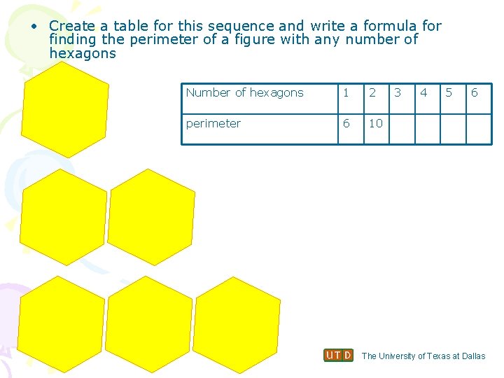  • Create a table for this sequence and write a formula for finding