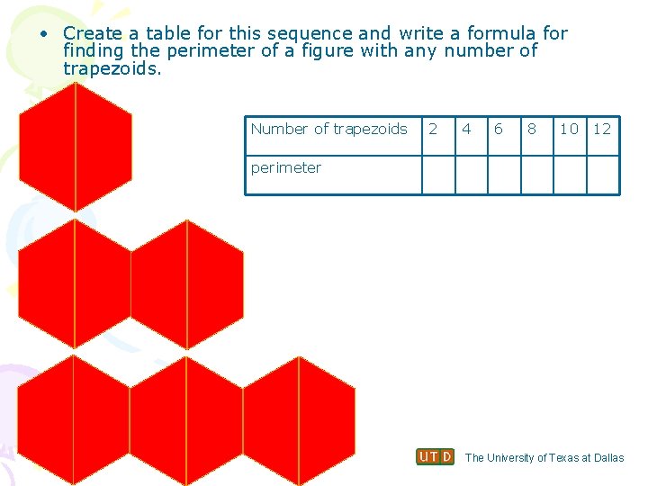  • Create a table for this sequence and write a formula for finding