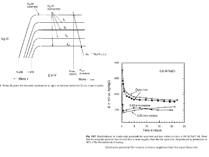 Electrode potential for crevice is more negative than the open face iron 