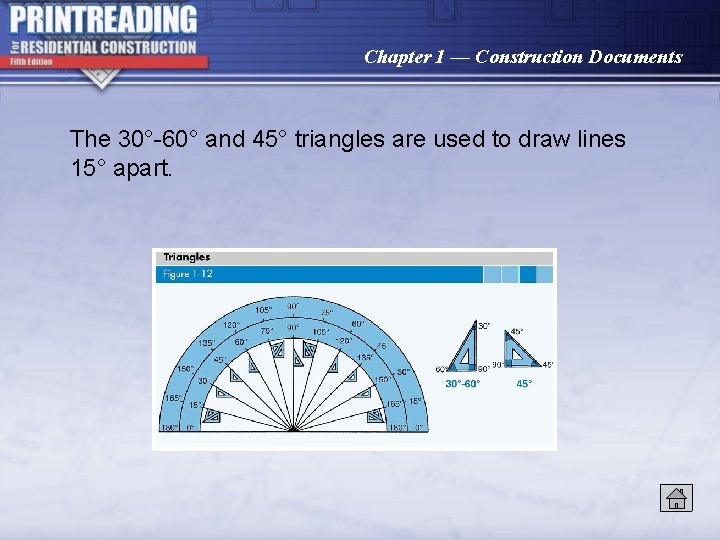 Chapter 1 — Construction Documents The 30°-60° and 45° triangles are used to draw