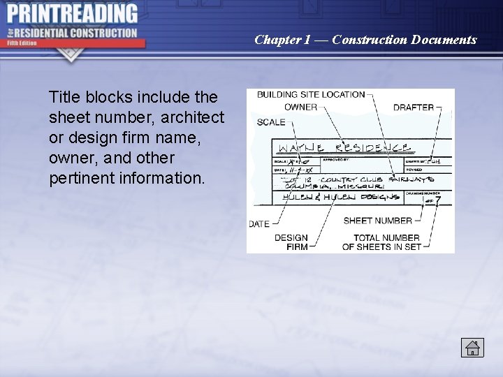 Chapter 1 — Construction Documents Title blocks include the sheet number, architect or design