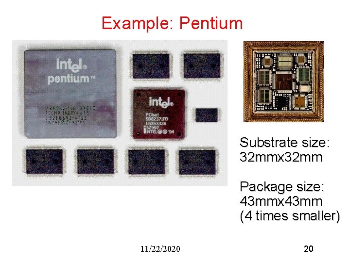 Example: Pentium Substrate size: 32 mmx 32 mm Package size: 43 mmx 43 mm Example: Pentium Substrate size: 32 mmx 32 mm Package size: 43 mmx 43 mm