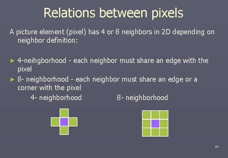 Relations between pixels A picture element (pixel) has 4 or 8 neighbors in 2